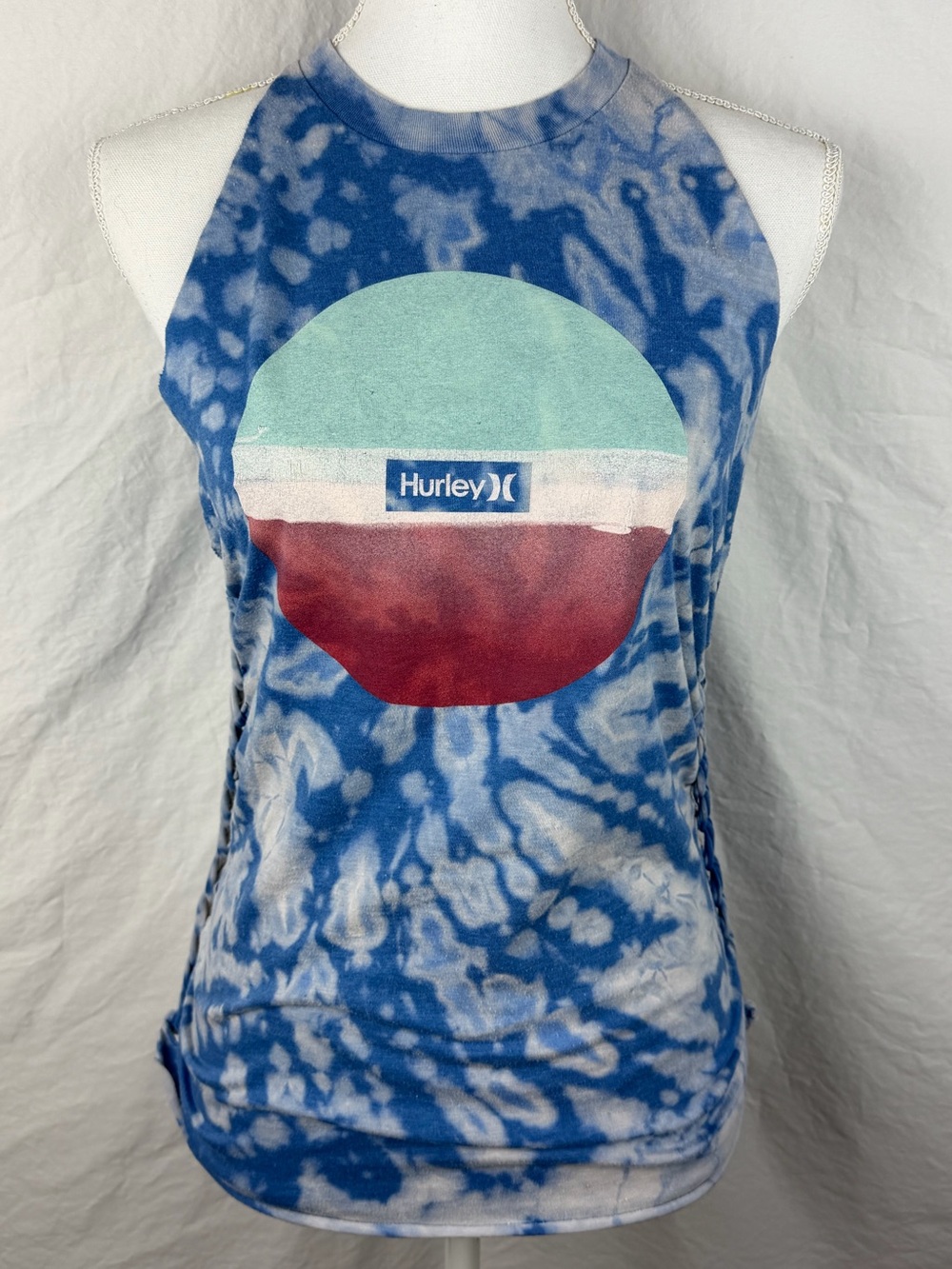 Hurley Racerback Tank Top-Upcycled Tie Dye-Clouds-Medium-Clouds/Ocean-Braided